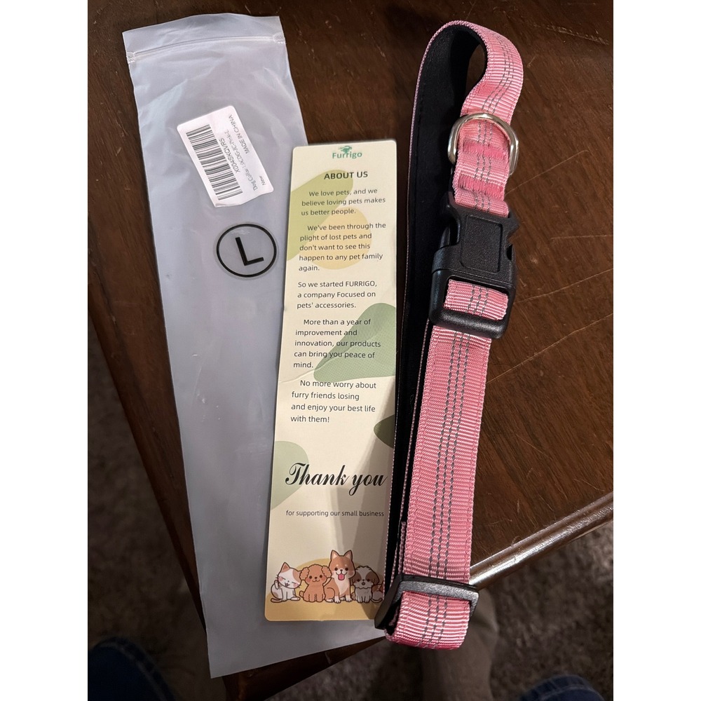 FurriGo Pink Reflective Padded Dog Collar Large Adjustable Nylon Safety Buckle